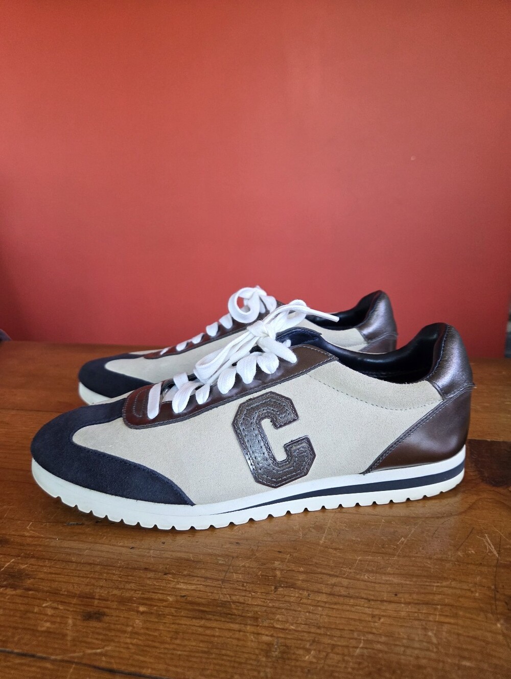 Coach lan Mirror Metallic Suede Leather Lace Up Sneakers Size 8B Navy Blue Gray